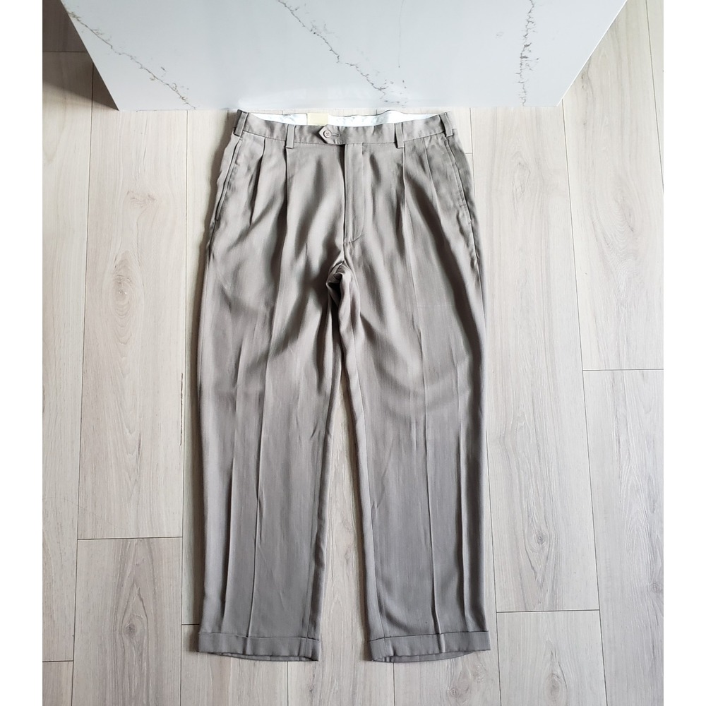 Jos A Bank Pants Mens 36x30 Beige Pleated Cuffed Classic Dress Trouser Pant